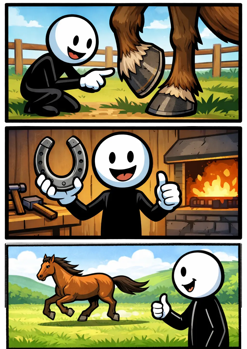 Stick bekijkt een hoef terwijl het paard rustig staat en de hoef duidelijk zichtbaar is.