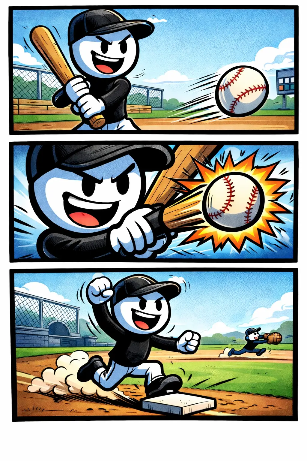 Stickman die honkbal speelt met een stevige slag in Toonwords-stijl.