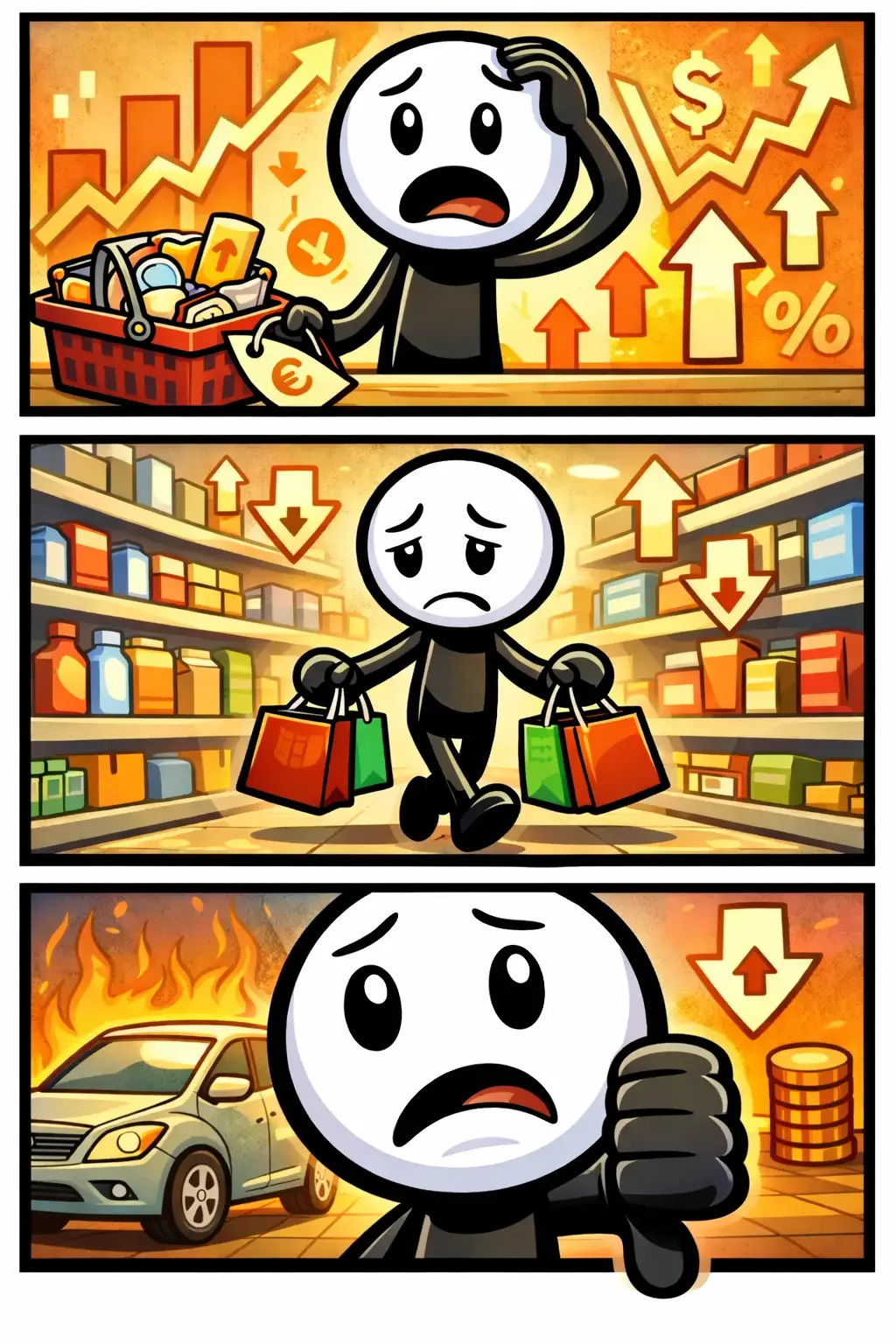 Stickman in drie panelen die inflatie uitbeeldt door stijgende prijzen en veranderingen in koopkracht, passend bij het woord inflatie.