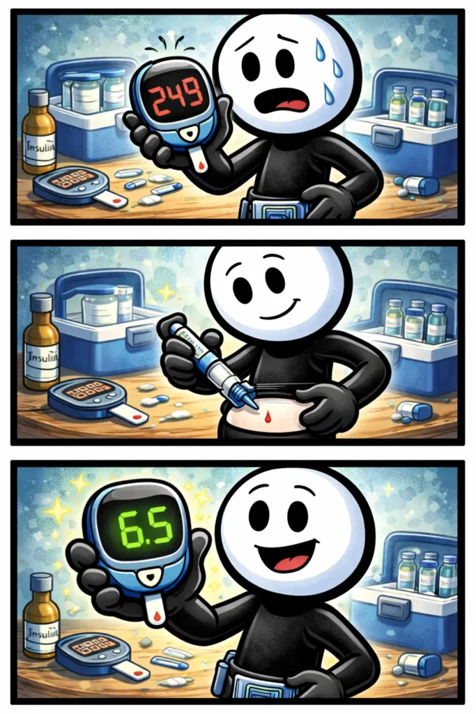 Stickman in Toonwords-stijl die het begrip “insuline” uitlegt met een simpele medische scène.