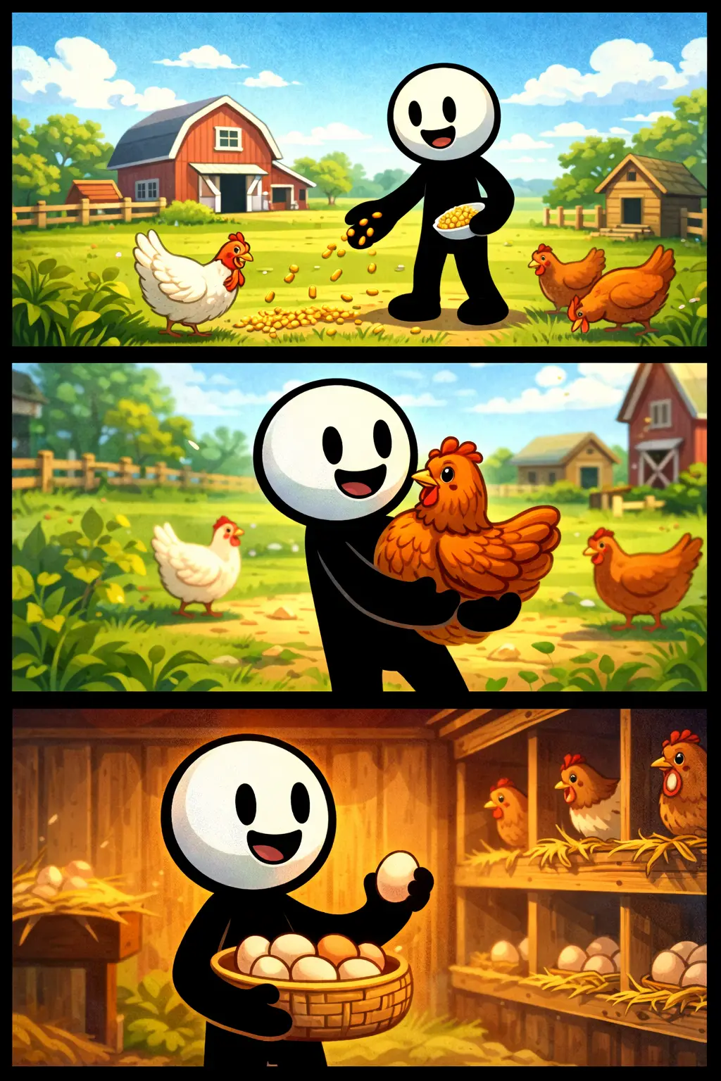 Stickman die een kip observeert in een landelijke omgeving in Toonwords-stijl.