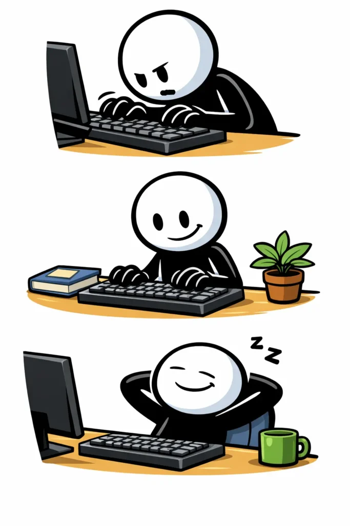 Toonwords-strip met een stickman die bewust stopt en laat zien wat de uitdrukking “klaar ermee” betekent.