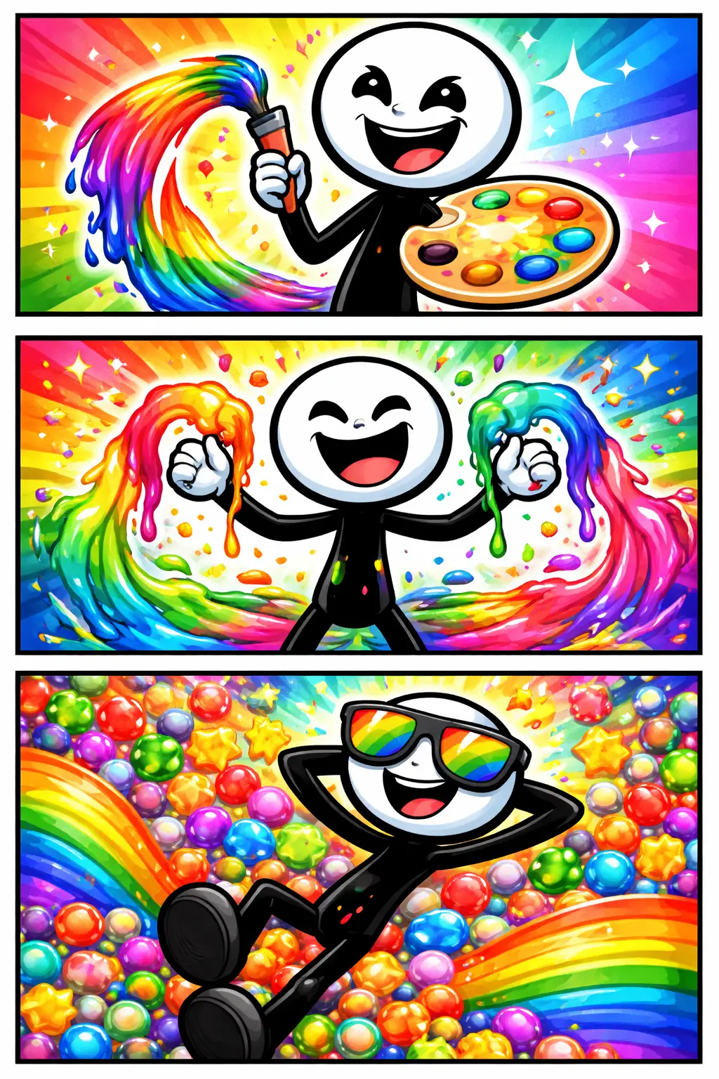 Stickman ontdekt kleur in een vrolijke strip met zes kleurrijke panelen.