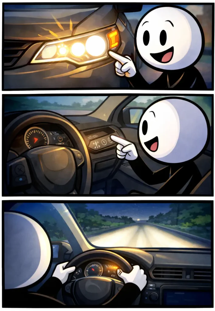 Toonwords-strip met een stickman in een auto die laat zien hoe een koplamp de weg verlicht tijdens het rijden in het donker.