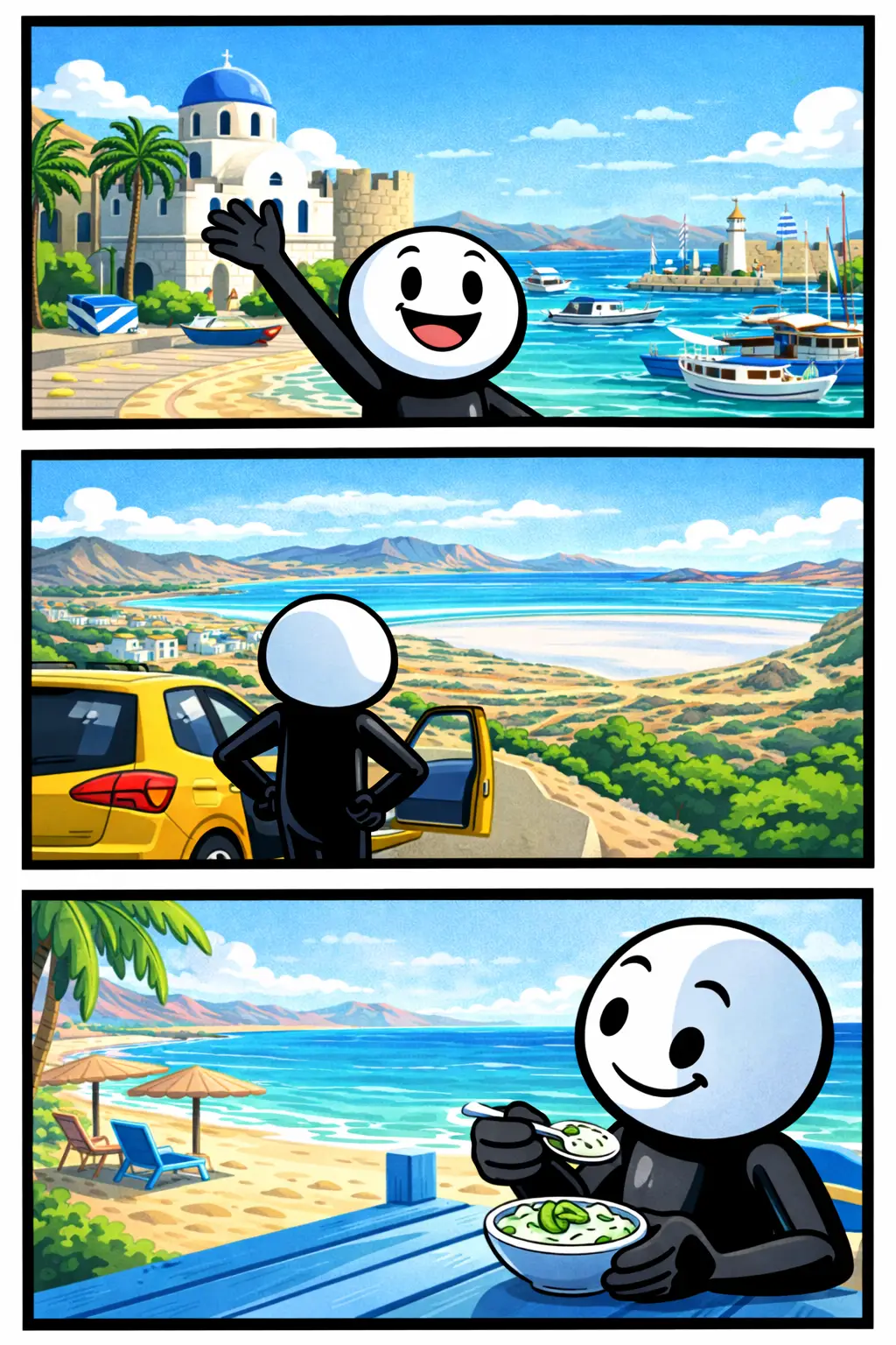 Stickman op het eiland Kos met strand, dorp en zee in beeld – Toonwords-stijl – “Kos”.