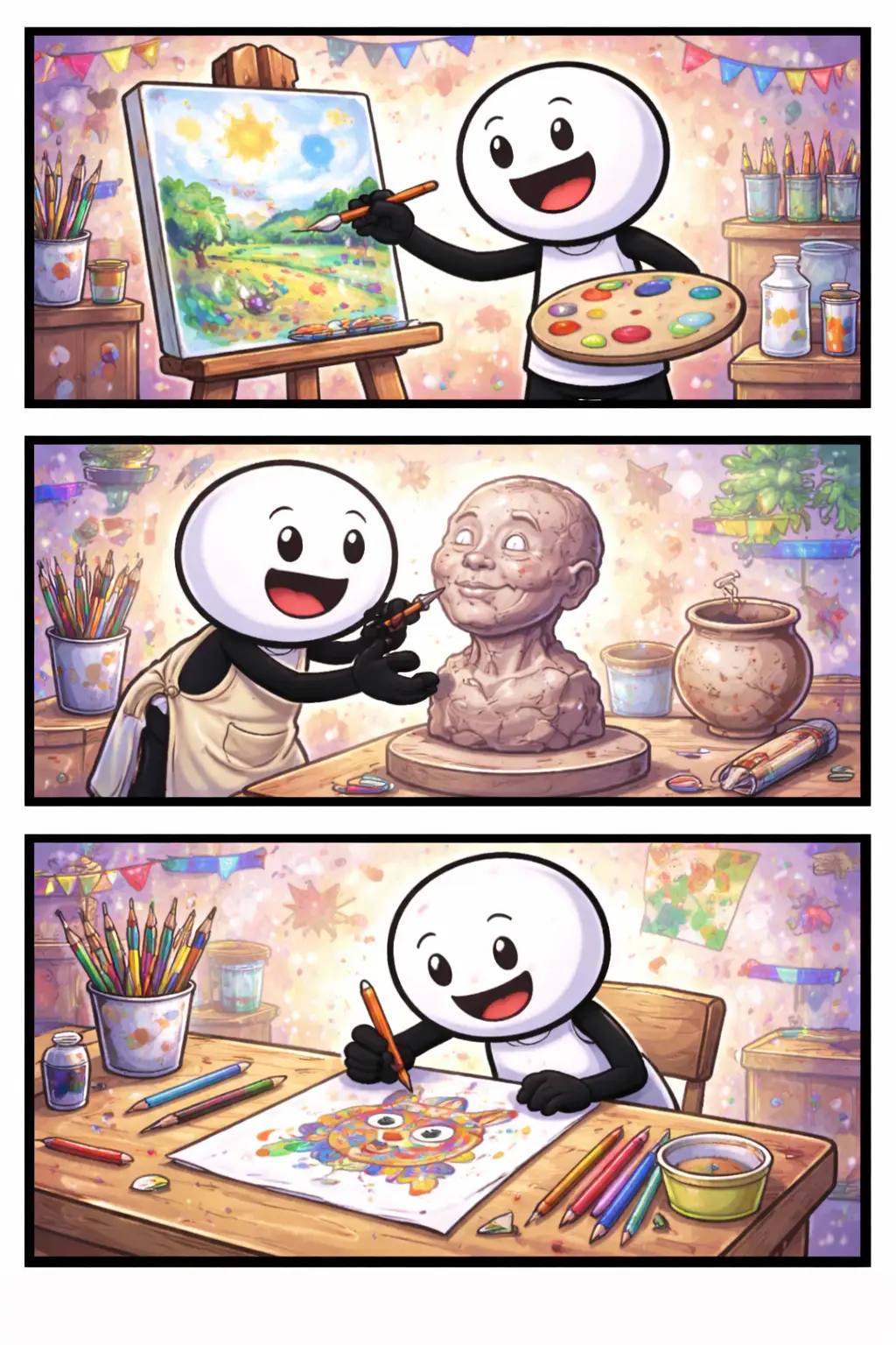 Drie-panelen stripafbeelding in Toonwords-stijl van een stickman die kunst maakt door te tekenen, schilderen en creatief bezig te zijn, passend bij het Nederlandse woord Kunst.