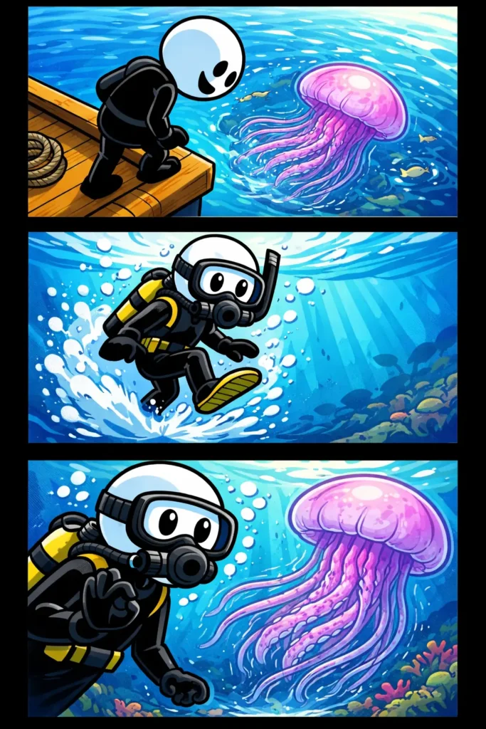 Stickman kijkt vanaf een boot en later onder water naar een kwal in de zee.