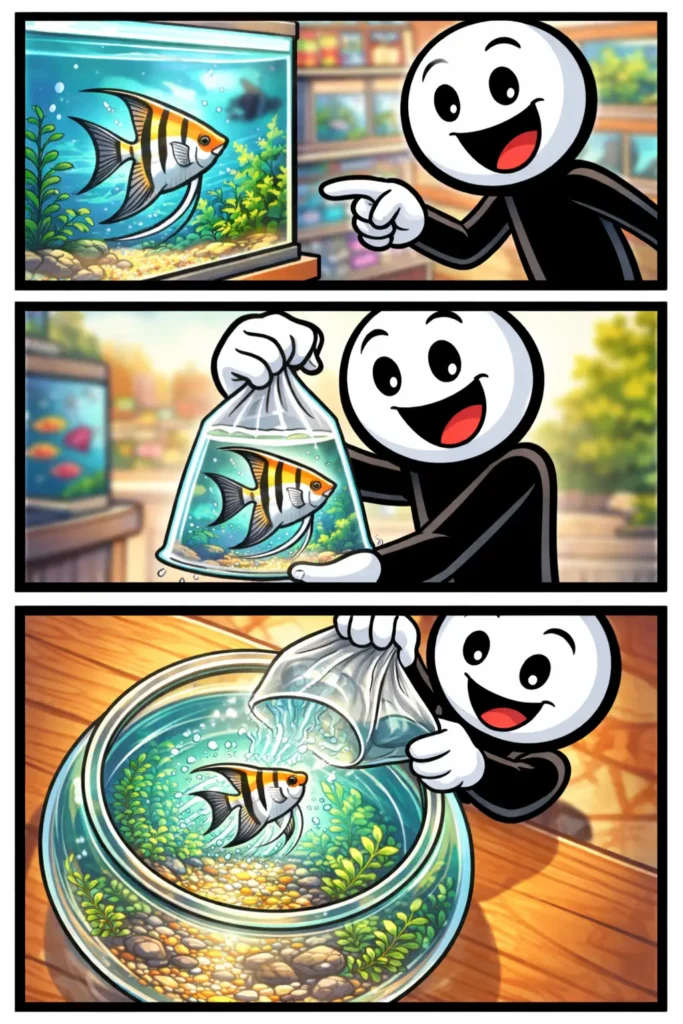 Stickman die een maanvis uit een zakje in zijn aquarium laat zakken in een Toonwords-afbeelding met drie panelen.