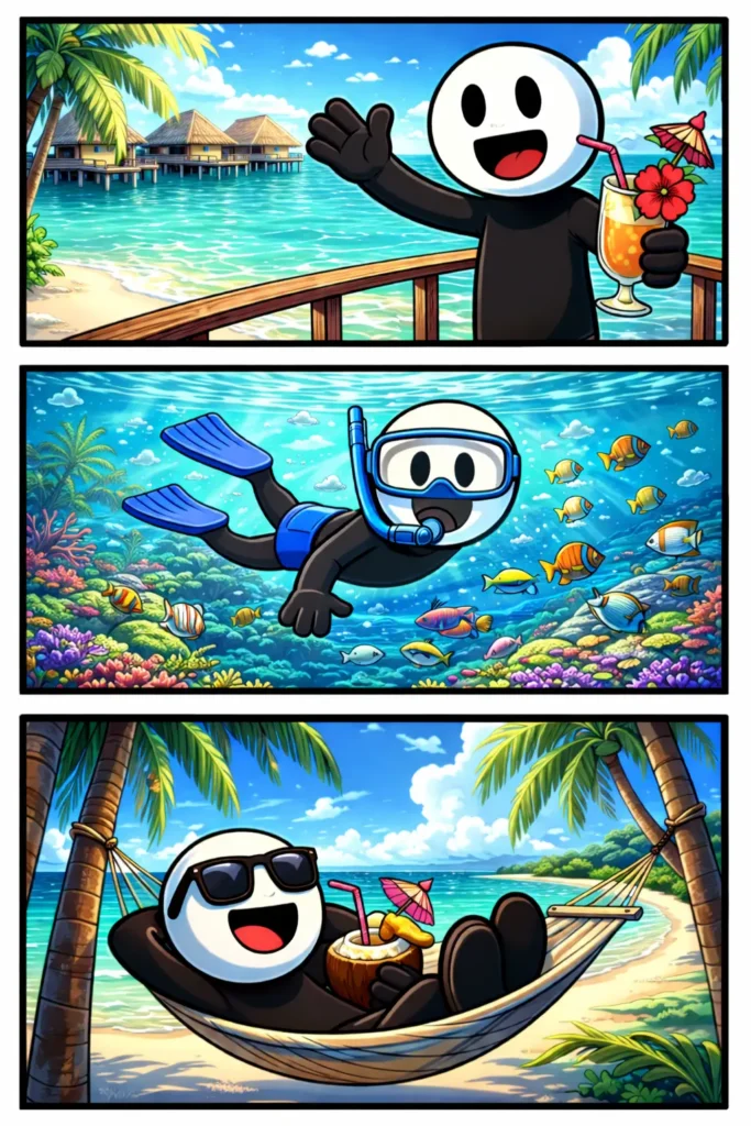 Toonwords-strip over Malediven met een stickman die een tropisch eiland bezoekt, snorkelt en in een hangmat ontspant.