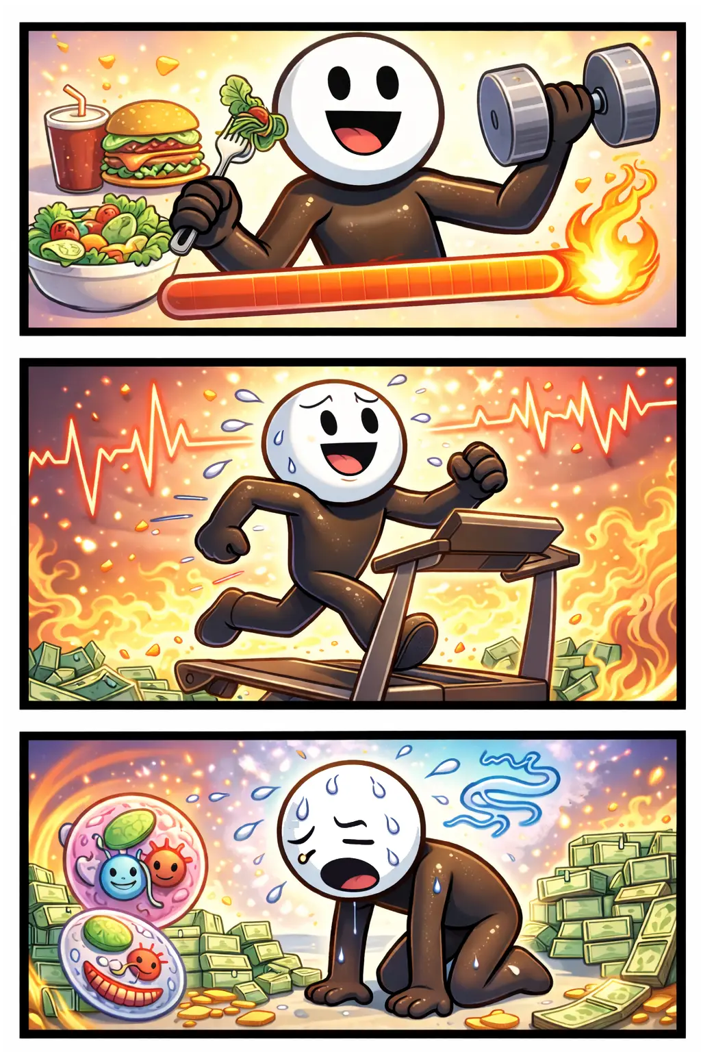 Stickman in Toonwords-stijl die het begrip “metabolen” uitbeeldt met kleurrijke biochemische elementen.