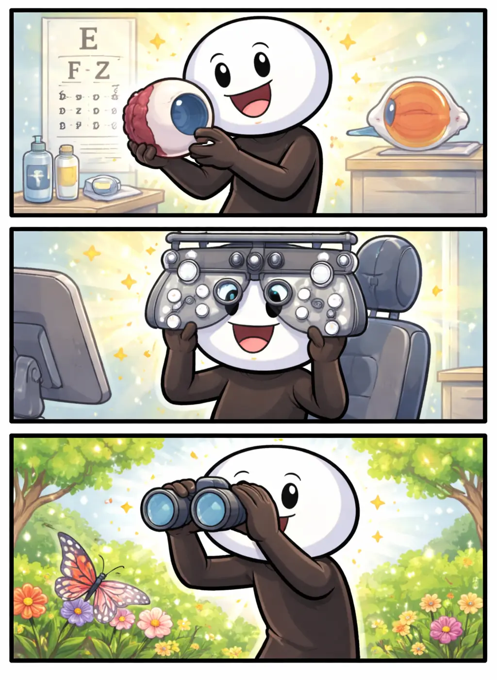 Stickman gebruikt zijn ogen om te kijken en waar te nemen, afgebeeld in drie panelen in Toonwords-stijl.