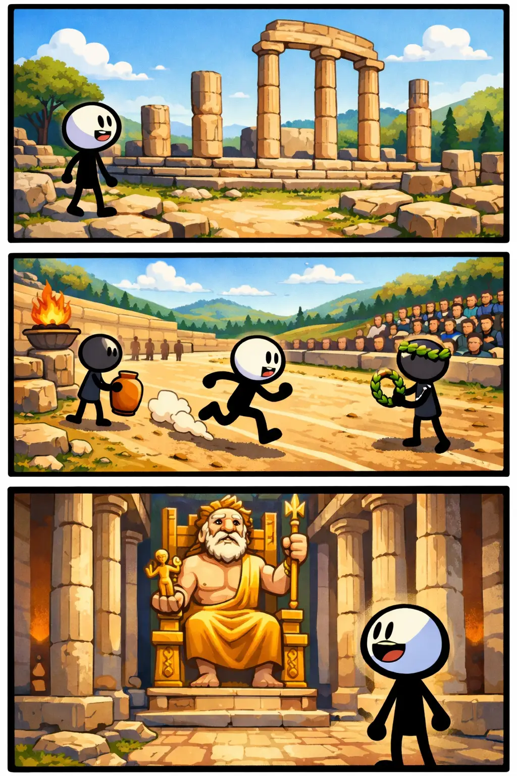 Drie-panelen stripafbeelding in Toonwords-stijl van Olympia met een stickman tussen oude ruïnes en sportscènes.
