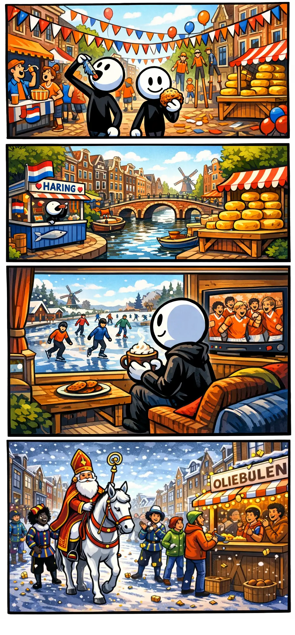 Illustratie met drie strippanelen die Ons Nederland tonen via Koningsdag, haring en fietsen, en een woonboot met schaatsers op natuurijs. Natuurlijk Sinterklaas door de straten en een oliebollenkraam, aanloop naar oud en nieuw.