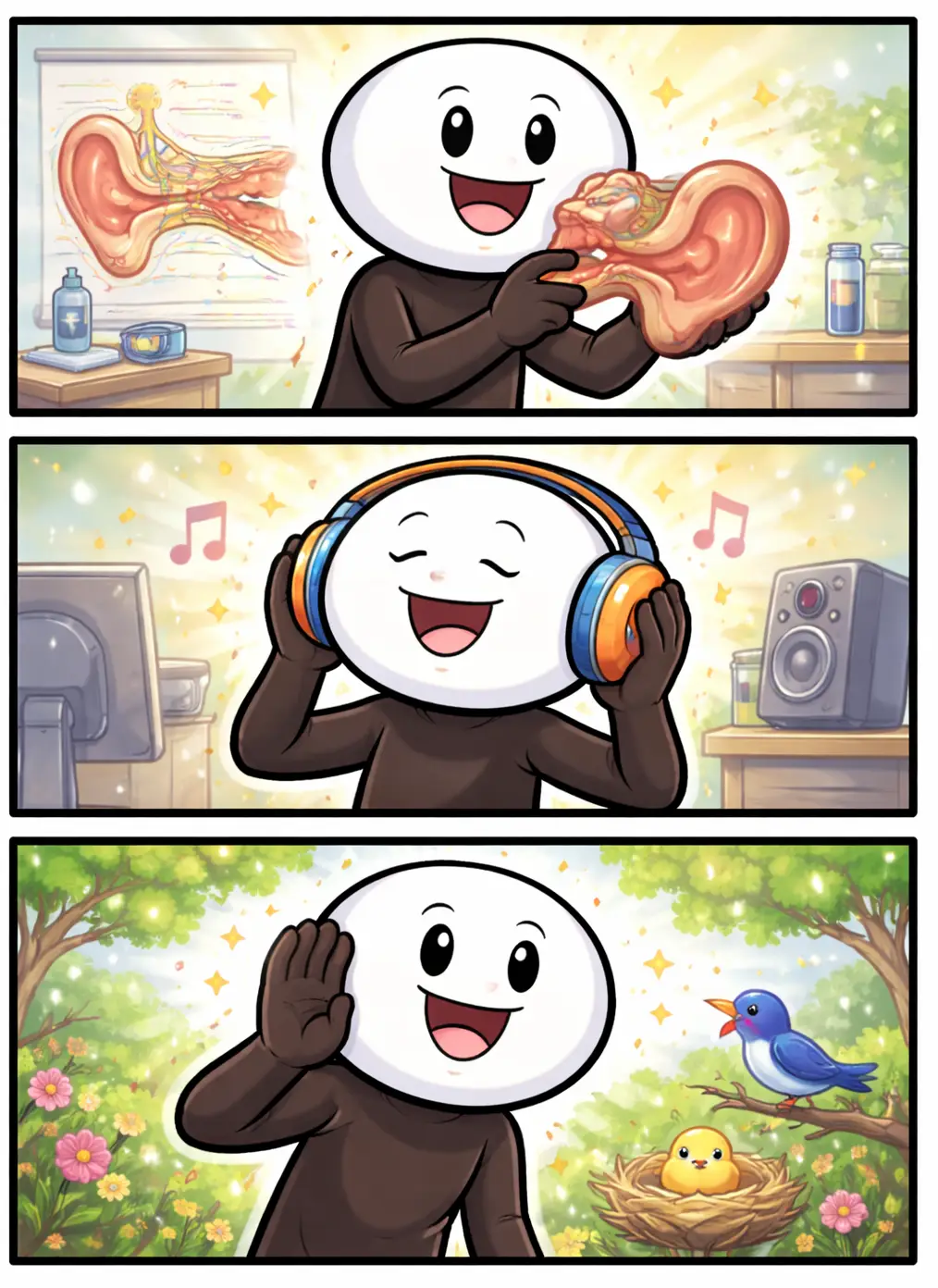 Stickman gebruikt zijn oren om geluiden te horen, afgebeeld in drie opeenvolgende panelen in Toonwords-stijl.