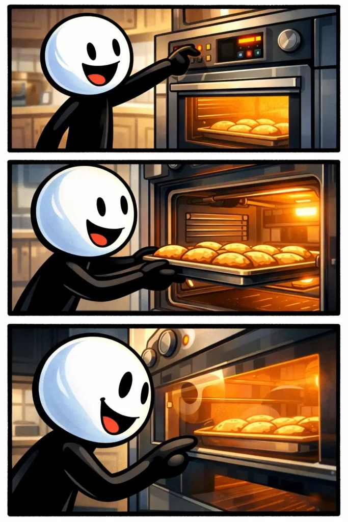 Stickman die een oven gebruikt in een kleurrijke keuken, passend bij het woord oven.