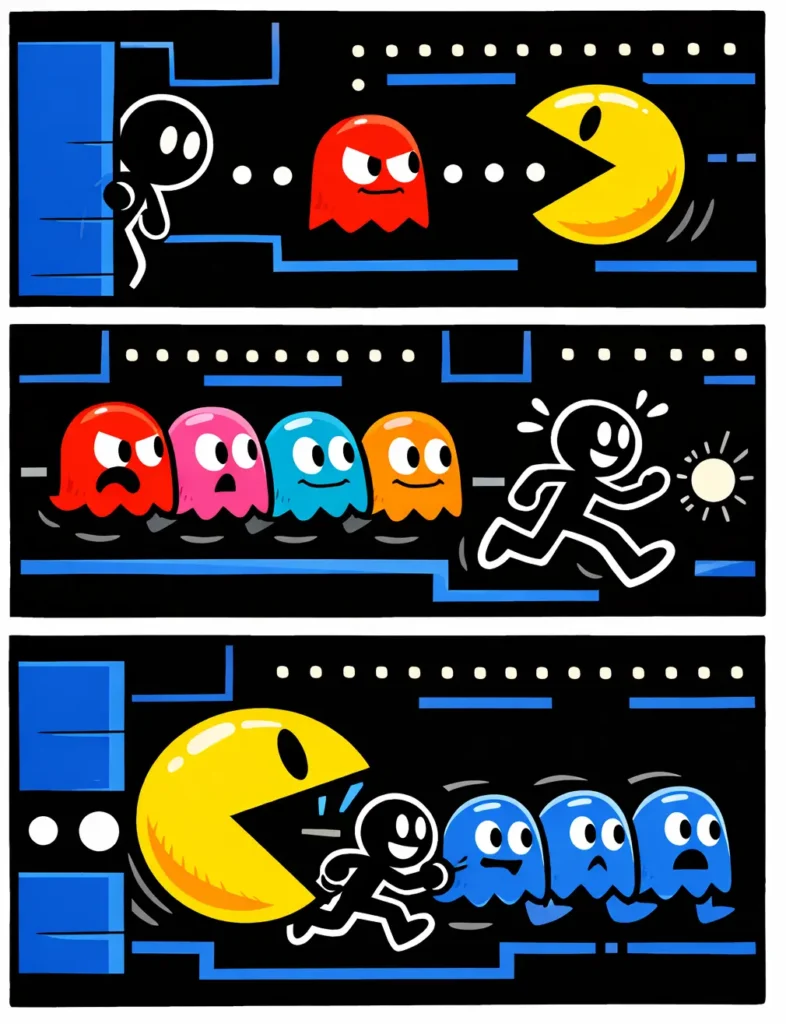 Driepaneel-strip met stickman in Toonwords-stijl in een Pac-Man-doolhof, met het spel Pac-Man als thema.