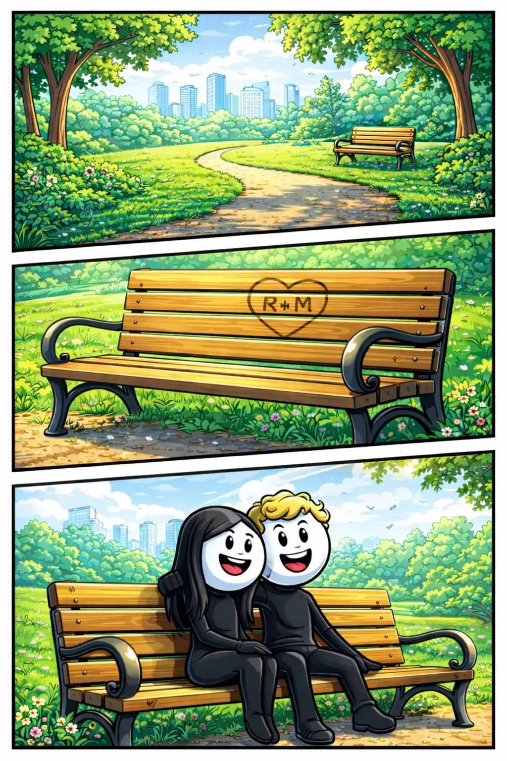 Stripafbeelding in Toonwords-stijl van een stickman bij Parkbank, met drie panelen waarin een park, een gegraveerd bankje en twee personen zittend op de bank te zien zijn.
