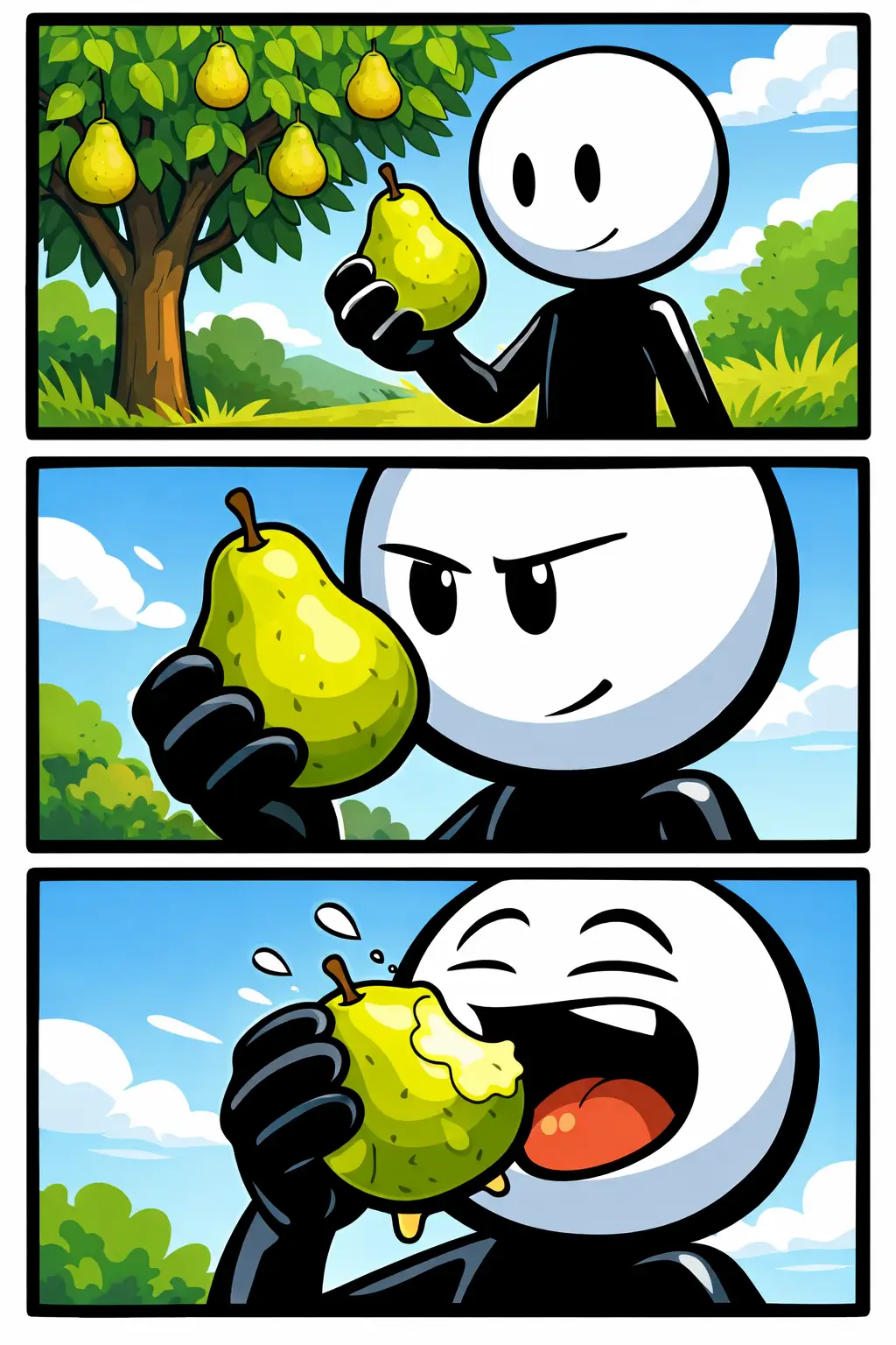 Een Toonwords-stickman die een peer vasthoudt in drie verschillende camerastandpunten.