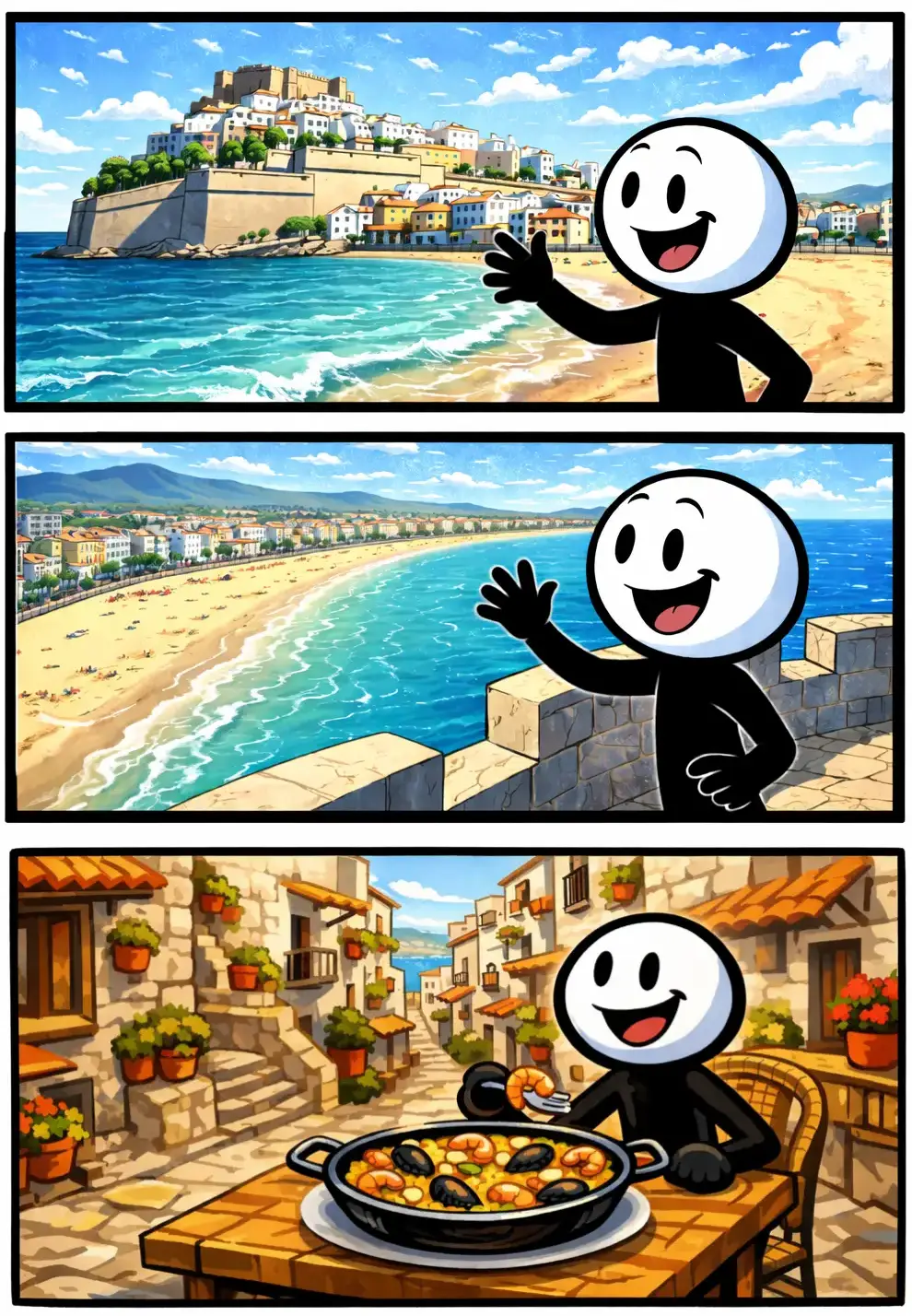 Stickman in Peniscola op strand, kasteel op rots en paella eten in de straatjes van de oude stad.