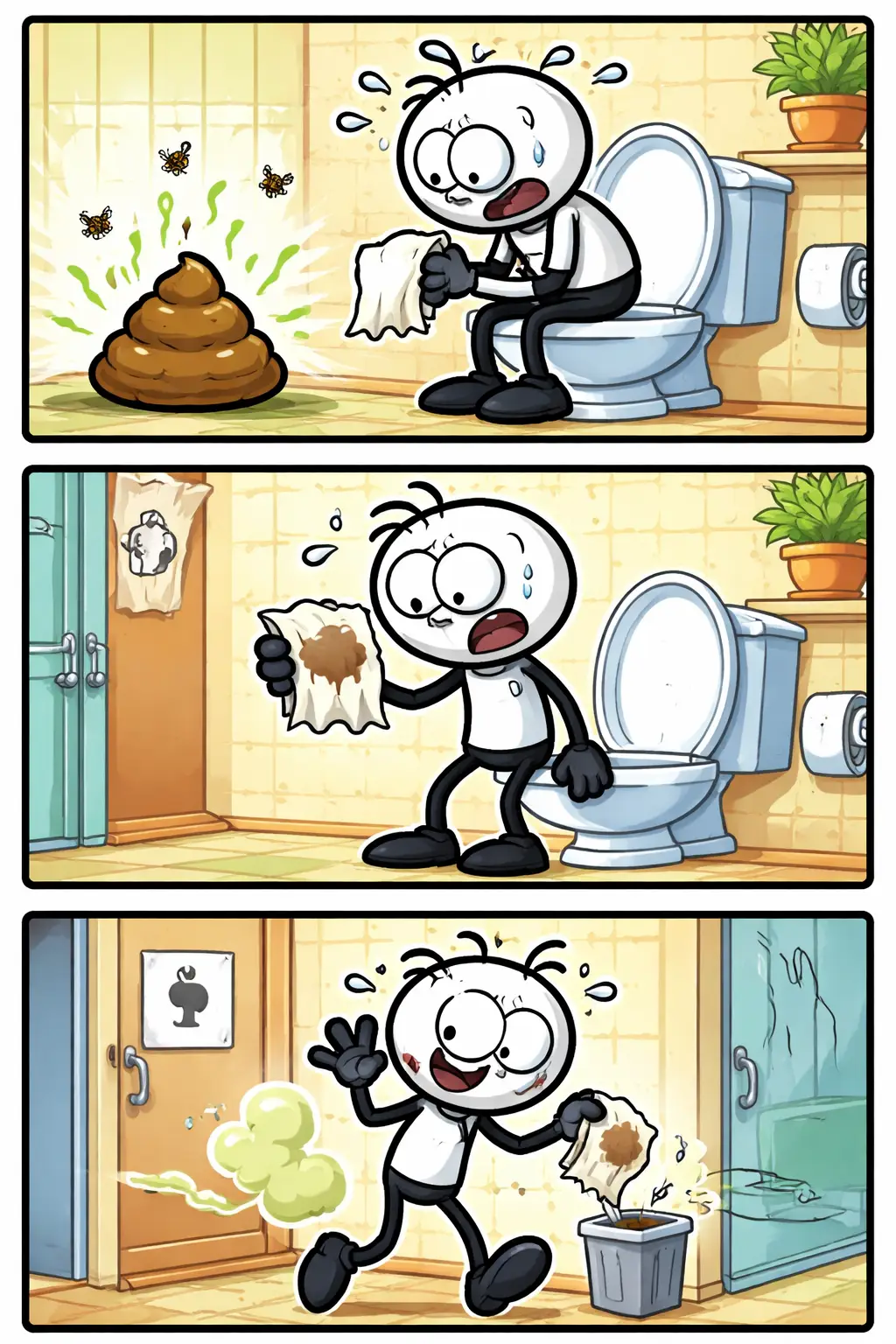 Stripafbeelding met drie panelen van een stickman in Toonwords-stijl over poep, zonder tekst, met zwart kader. Vies hoor, je papiertje laten zien. Vinden mensen niet leuk, vooral Philip niet.