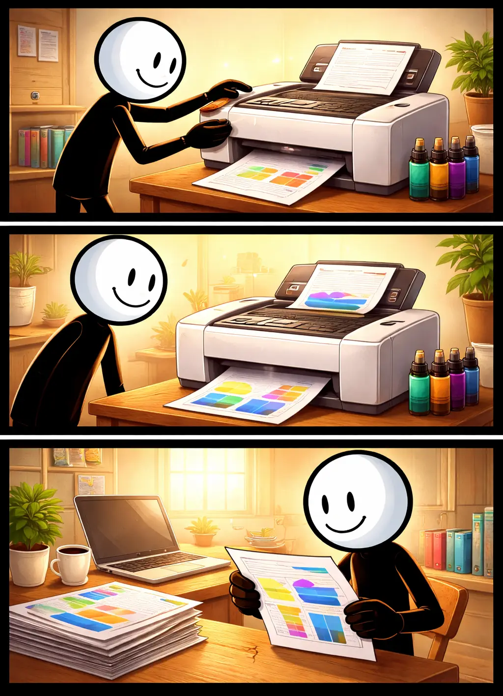 De strip toont een printer die digitale informatie omzet in een helder en tastbaar afdrukresultaat.