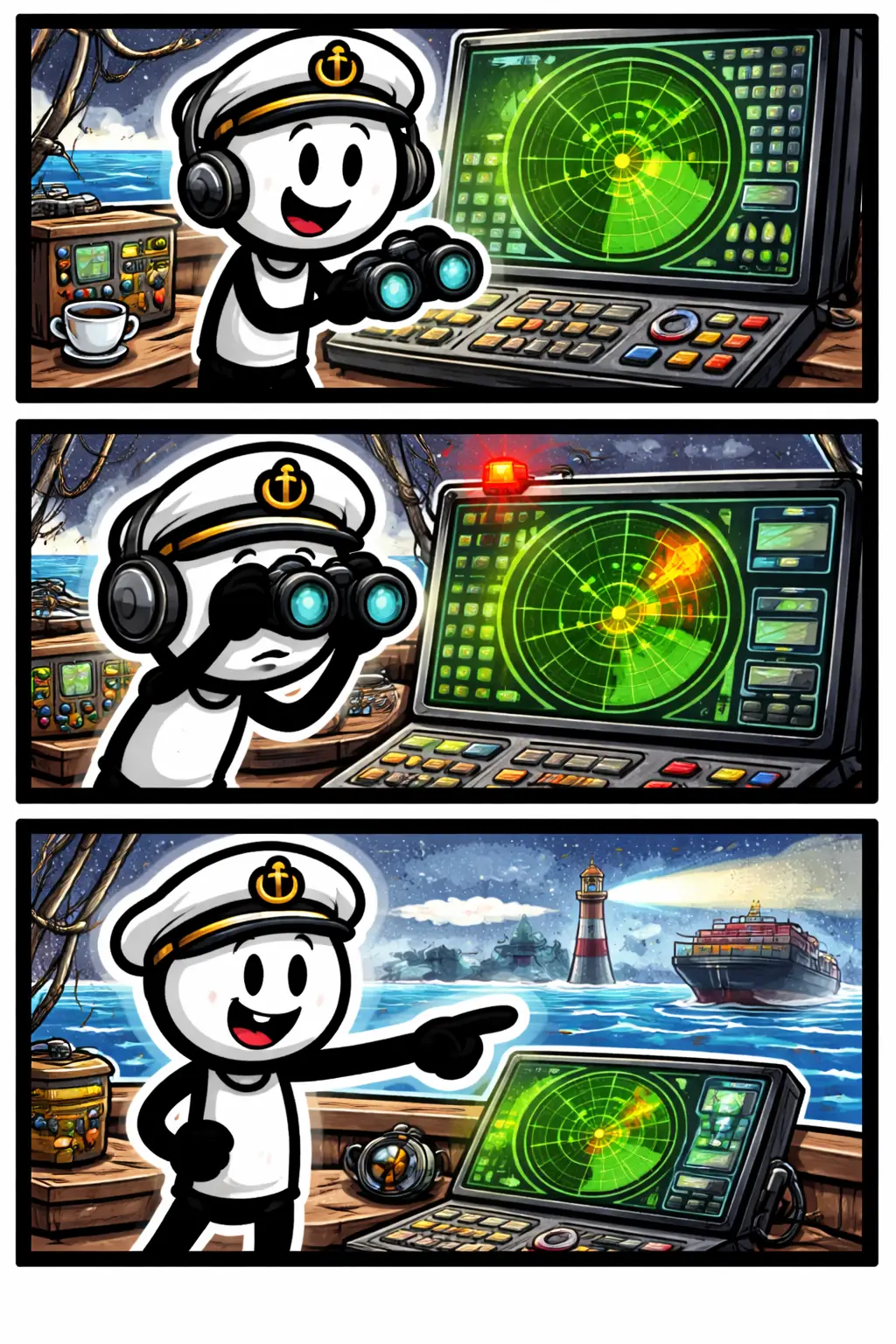 Stripafbeelding met een stickman in Toonwords-stijl die een radar gebruikt om zijn route te bepalen, passend bij het woord Radar.