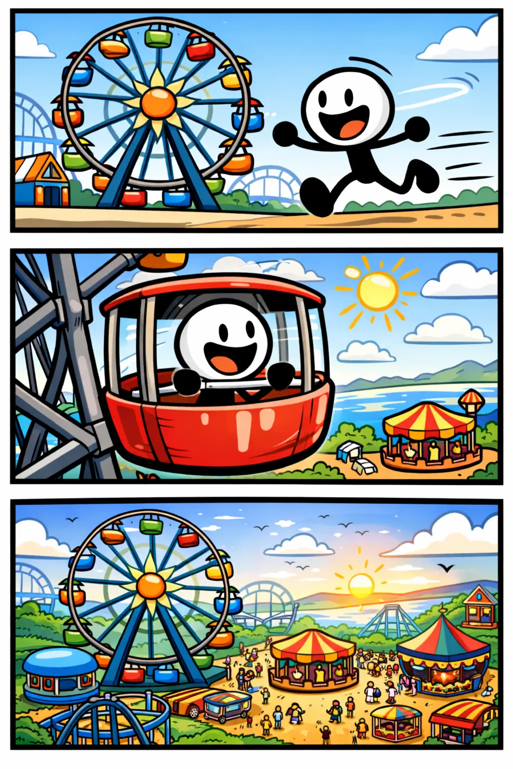 Stripafbeelding van een stickman in Toonwords-stijl bij een reuzenrad met drie panelen op witte achtergrond.