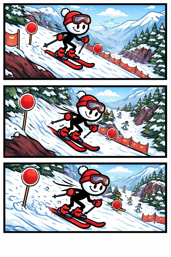 Driepanelenstrip met een stickman die skiet op een rode piste in de bergen.