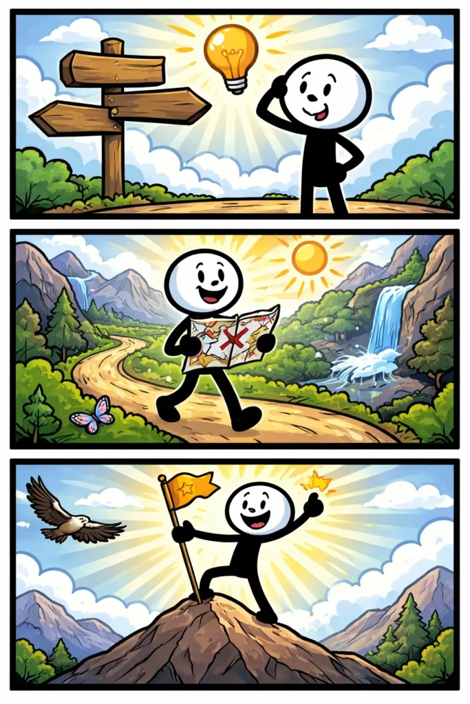 Driepaneels stripafbeelding in Toonwords-stijl met een stickman die zijn roeping ontdekt, in kleur, zonder tekst en met zwart kader.