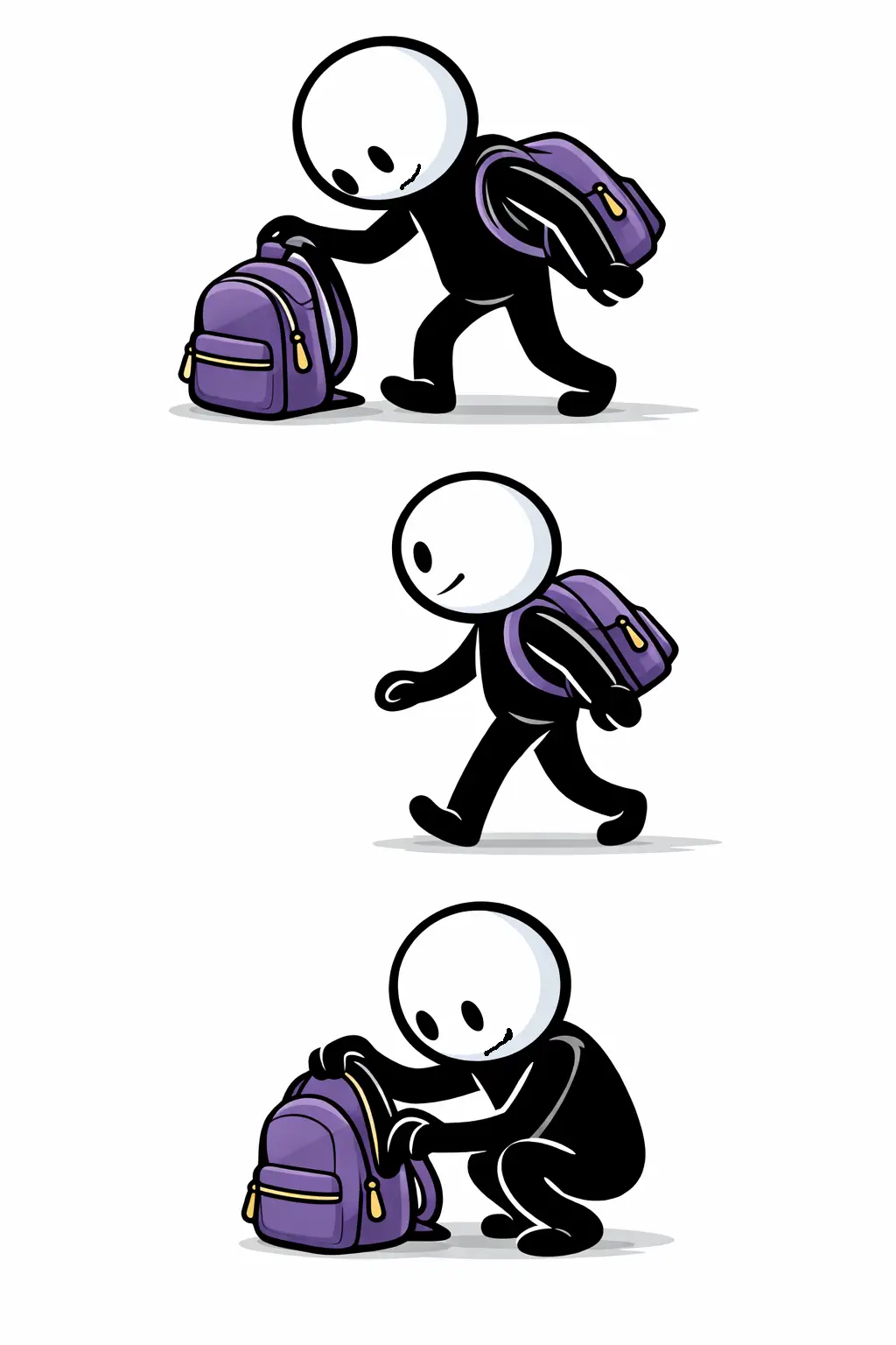 Toonwords-strip van een stickman met een rugzak die laat zien hoe een rugzak wordt gedragen en gebruikt.