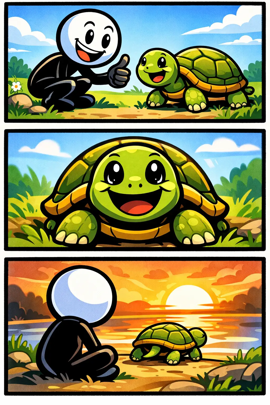 stickman die vriendelijk naar een schildpad kijkt – toonword schildpad