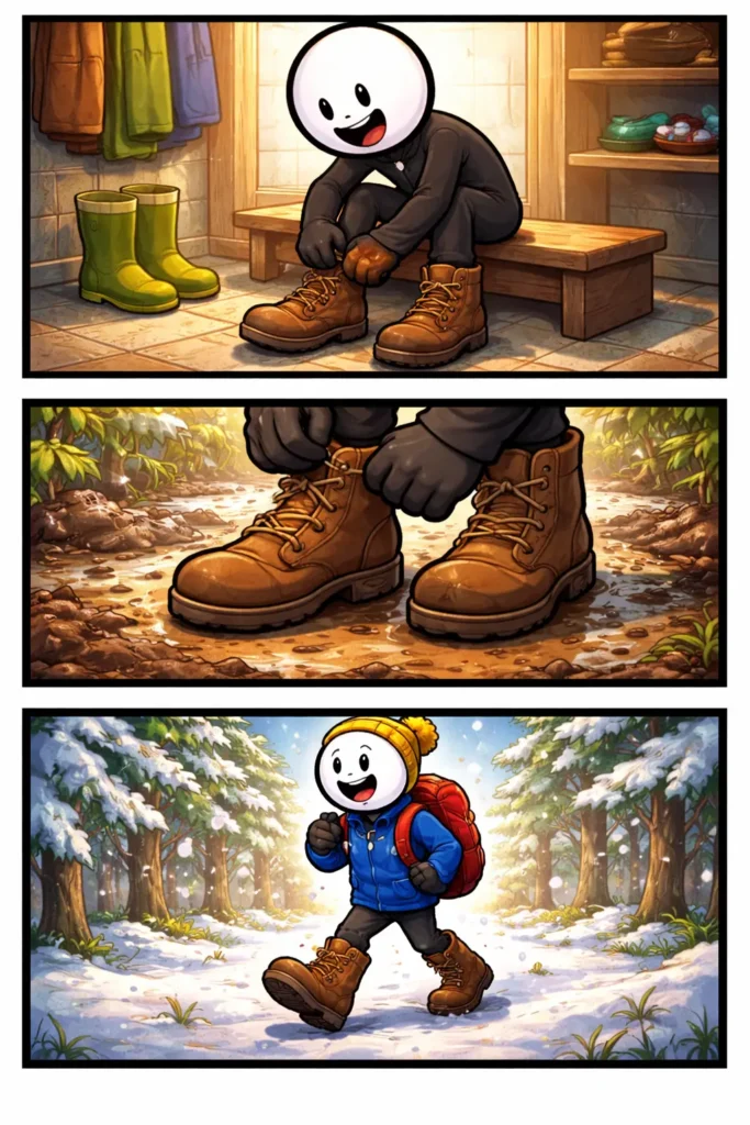 Stickman met wit hoofd en zwart lichaam draagt schoenen en toont verschillende gezichtsuitdrukkingen in drie panelen, Toonwords-stijl.