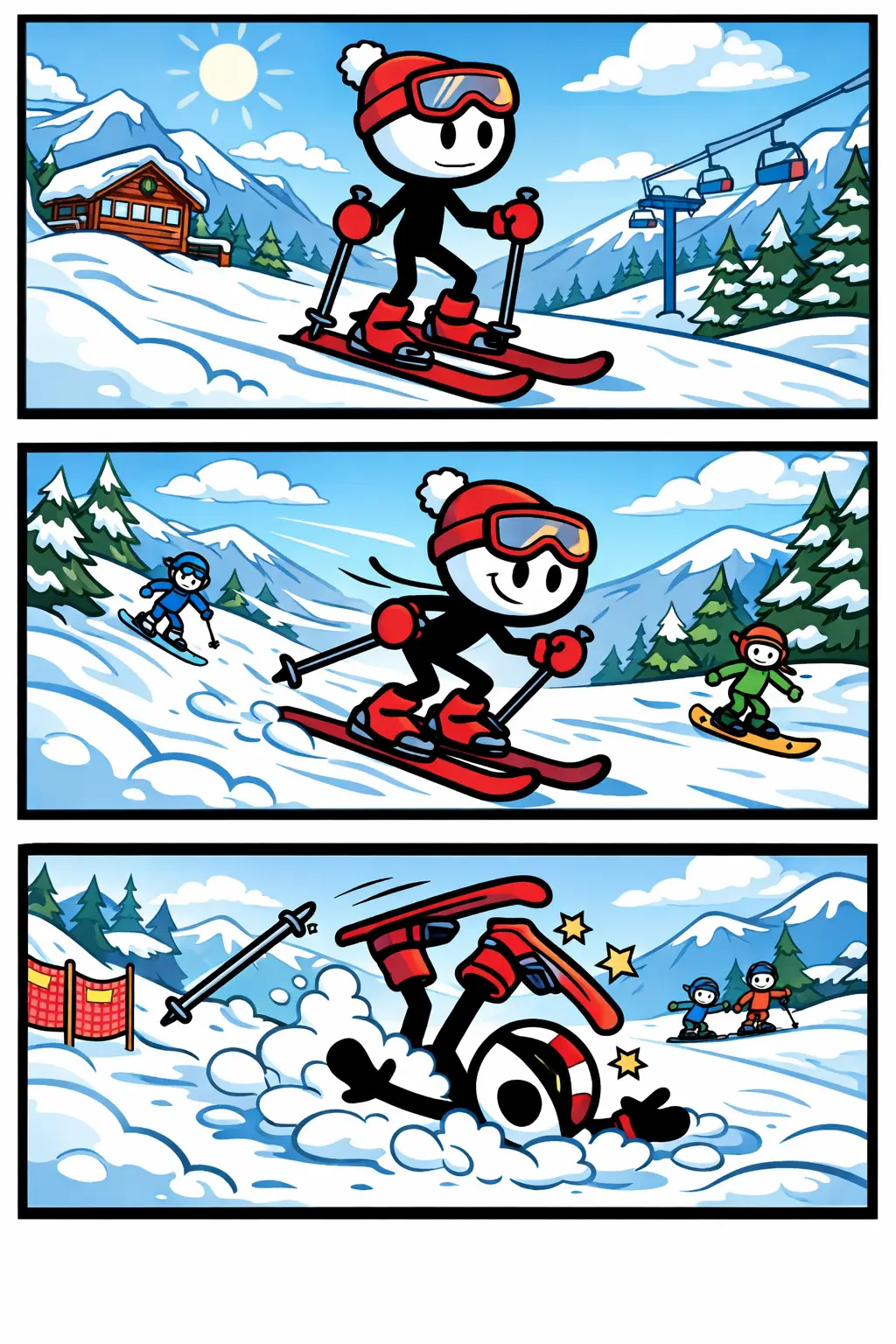 Stripafbeelding met stickman op een skipiste in de bergen met sneeuw en skiërs.