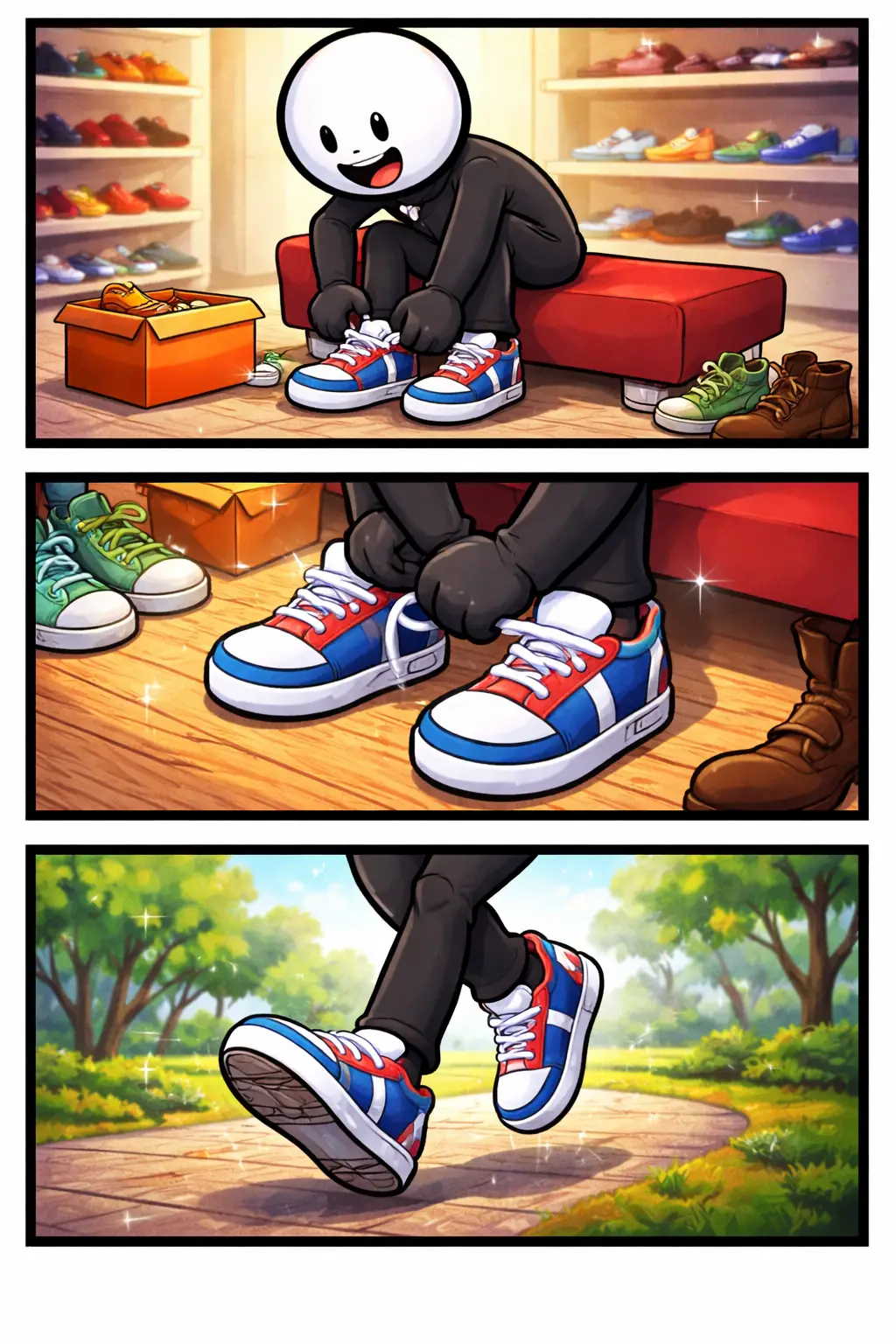 Stickman met witte kop en zwart lichaam draagt sneakers in drie gekleurde panelen, Toonwords-stijl, bij het woord “sneakers”.