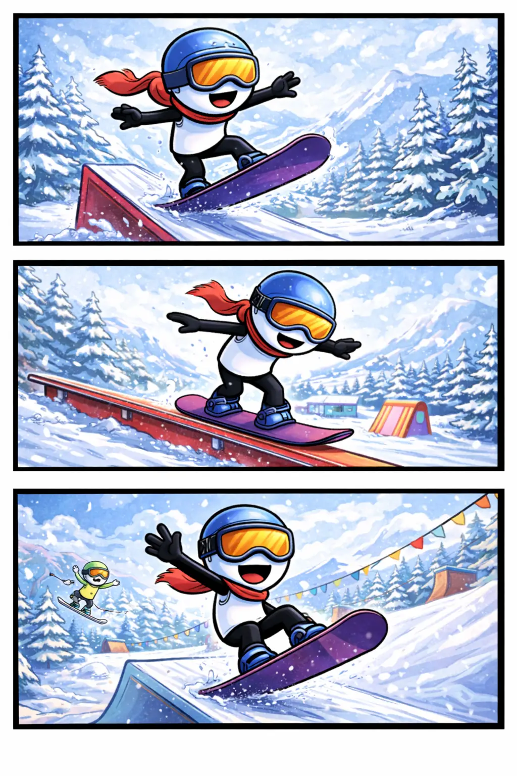 Drie-panelen stripafbeelding in Toonwords-stijl van een stickman die plezier maakt in een sneeuwpark met sprongen en obstakels, passend bij het Nederlandse woord Sneeuwpark.