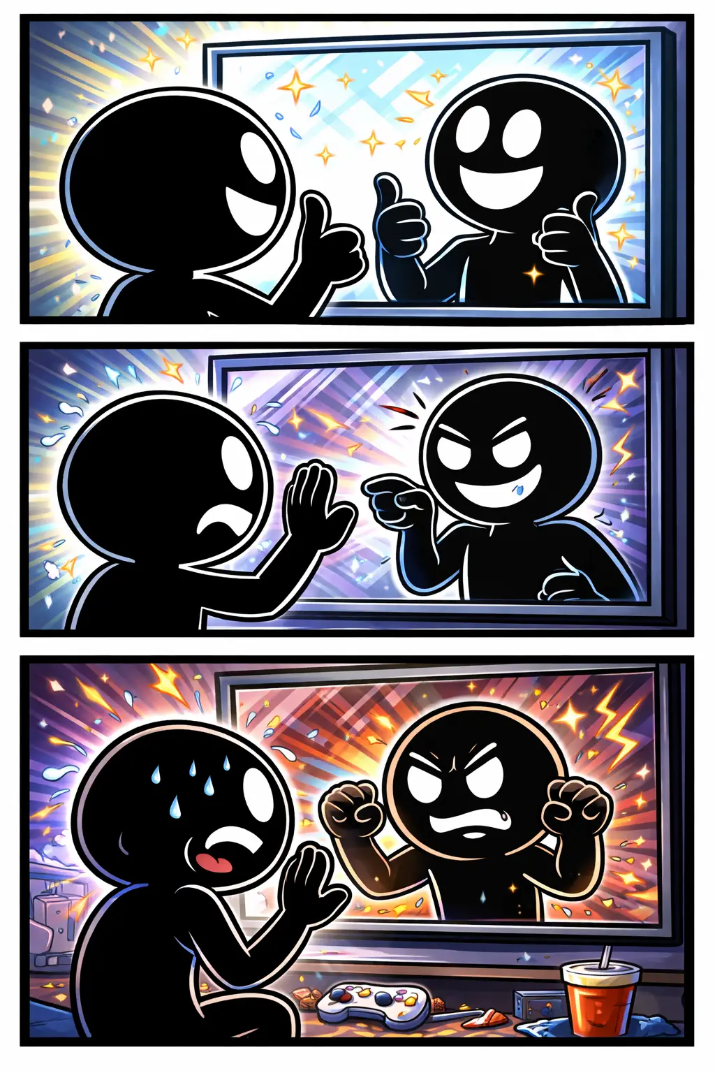 Stripafbeelding in Toonwords-stijl van een stickman die in een spiegel kijkt, met het woord “Spiegel” als centraal thema.