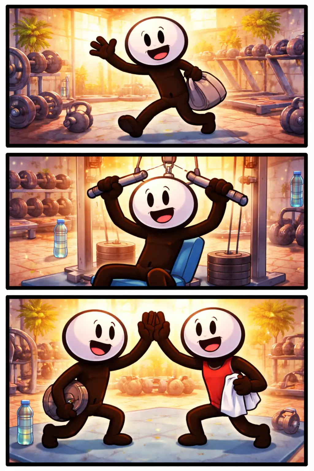 Drie-panelen stripafbeelding in Toonwords-stijl van een stickman in de sportschool met fitnessapparaten.