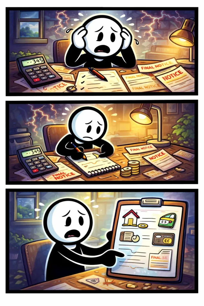 Stripafbeelding met drie panelen van een stickman in Toonwords-stijl die bij Stap 1 – Overzicht zijn financiële problemen ordent en inzicht krijgt in zijn situatie.