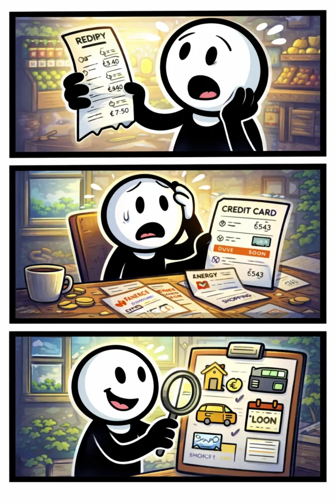 Stripafbeelding met drie panelen van een stickman in Toonwords-stijl die bij Stap 3 – Uitgaven ziet waar zijn geld naartoe gaat en inzicht krijgt in zijn kosten.