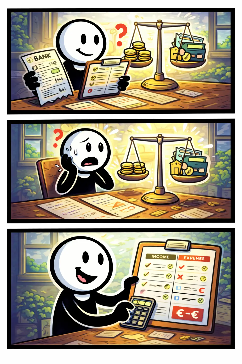 Stripafbeelding met drie panelen van een stickman in Toonwords-stijl die bij Stap 4 – Balans inkomsten en uitgaven naast elkaar legt en duidelijk inzicht krijgt.