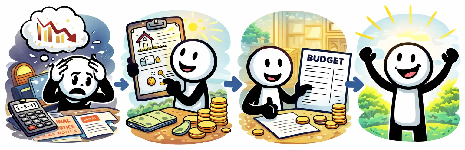 Grote Toonwords-illustratie met een stickman die stap voor stap van financiële problemen naar een oplossing gaat, met eerst geldzorgen en chaos en daarna overzicht, budget en opluchting.