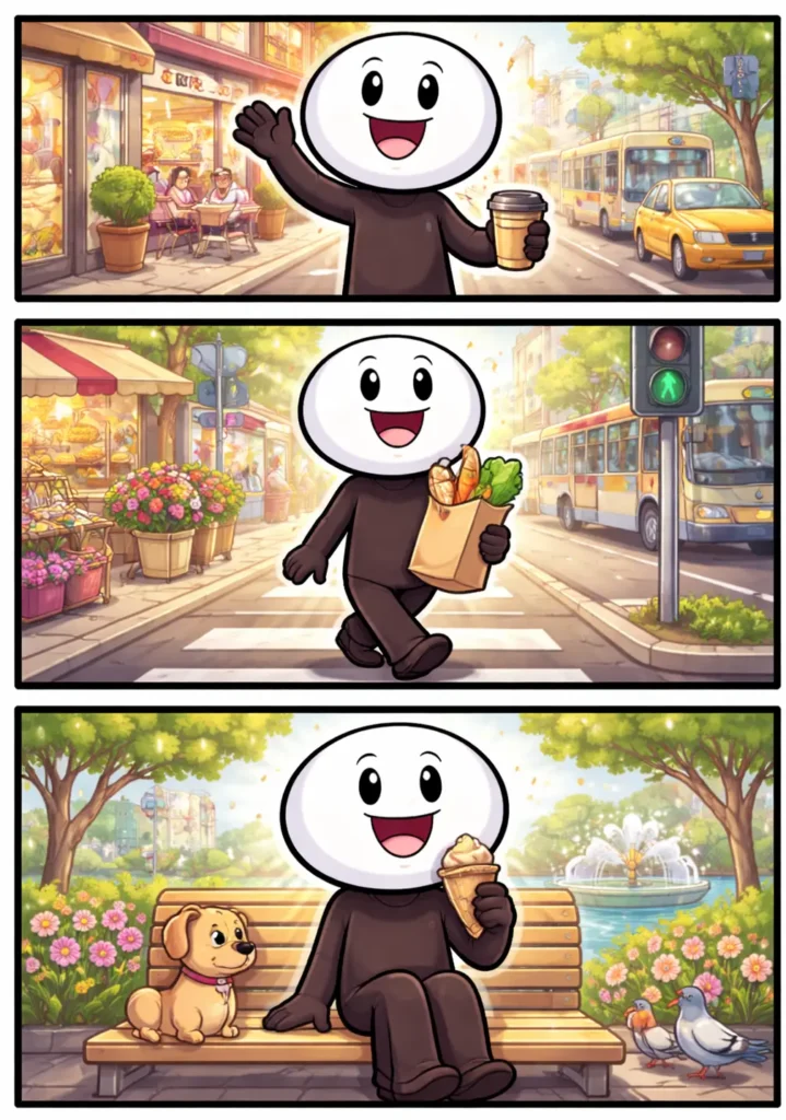 Stickman loopt door een straat in de stad, afgebeeld in drie opeenvolgende panelen in Toonwords-stijl.