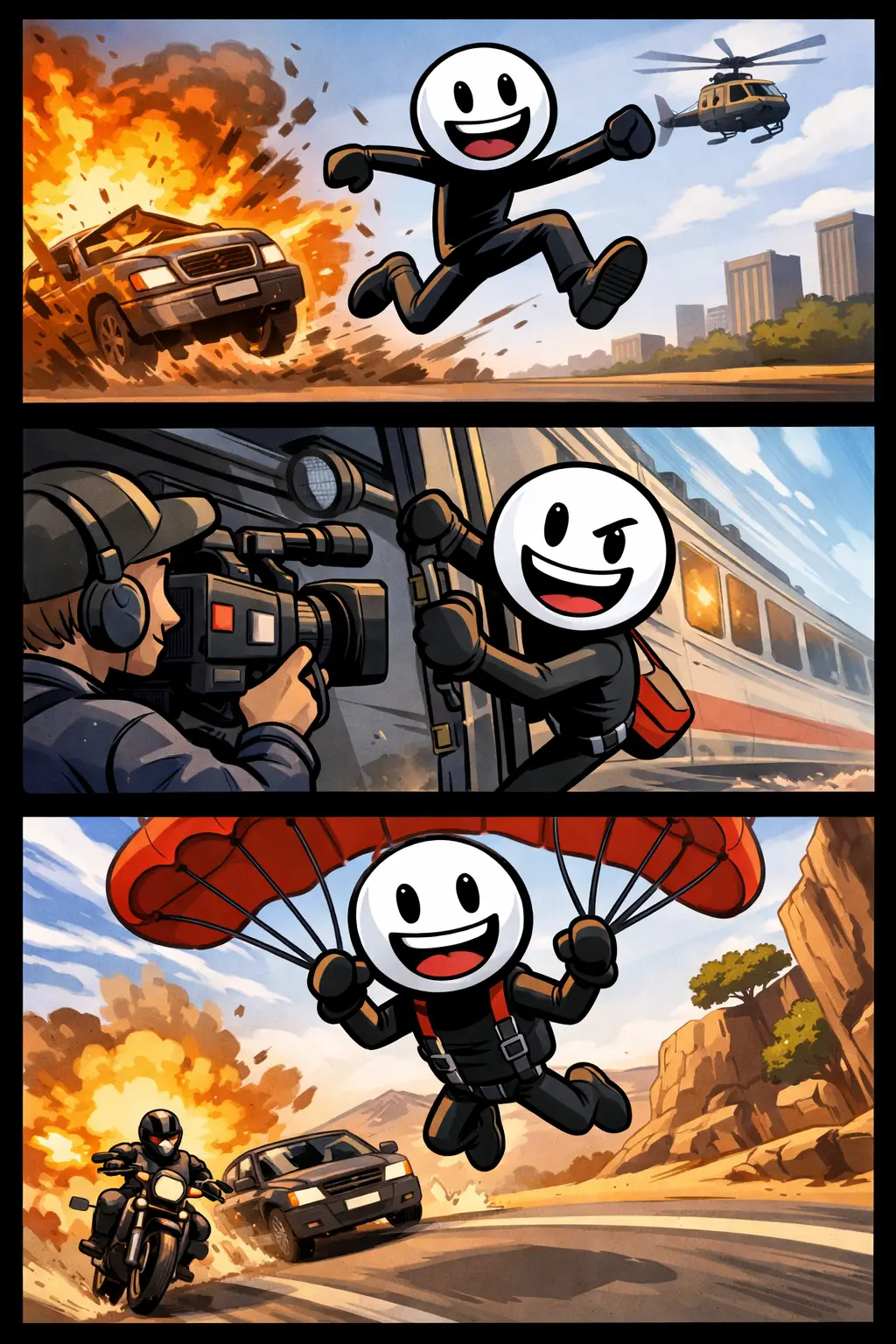 Stickman in drie panelen die verschillende stunts uitvoert als stuntman — toonword stuntman.