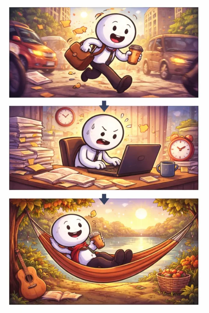 tripafbeelding van een stickman in Toonwords-stijl die verschillende tempo’s ervaart, van haastig bewegen tot rustig ontspannen.