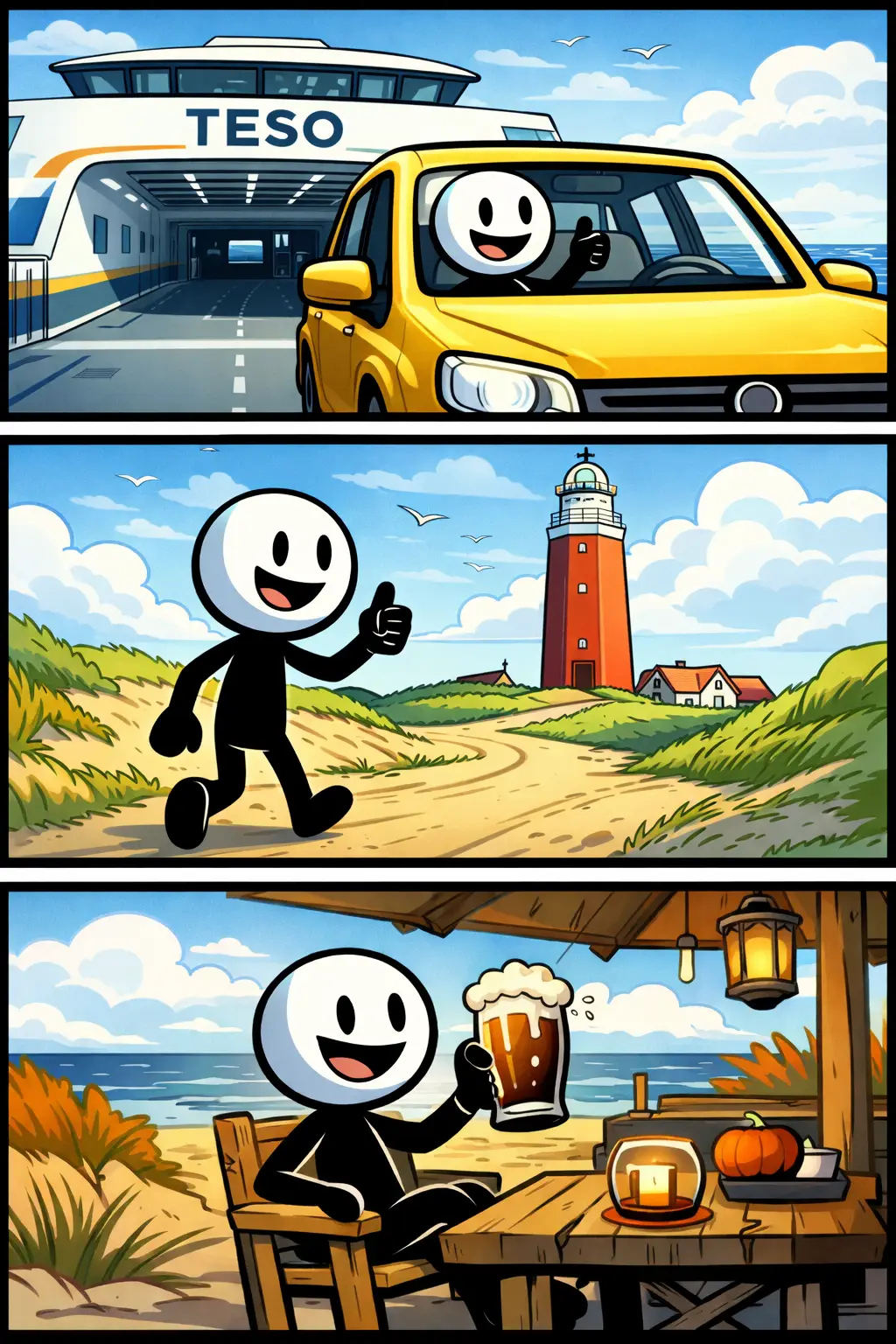 Stickman op Texel op de veerboot, bij de vuurtoren en bij een strandtent – Toonwords-stijl – “Texel”.