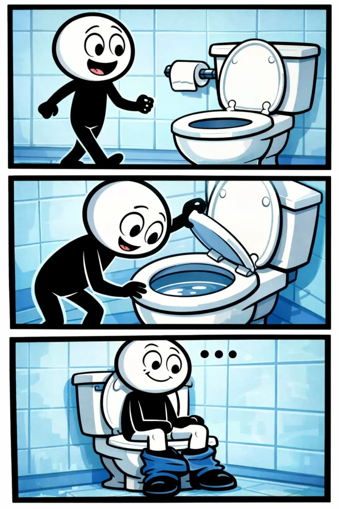 Stickman naast een toilet in Toonwords-stijl.