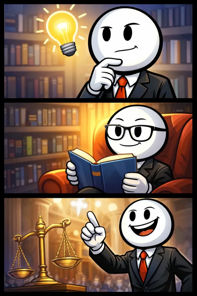 Stickman in Toonwords-stijl die verstandig nadenkt in drie rustige, doordachte scènes.