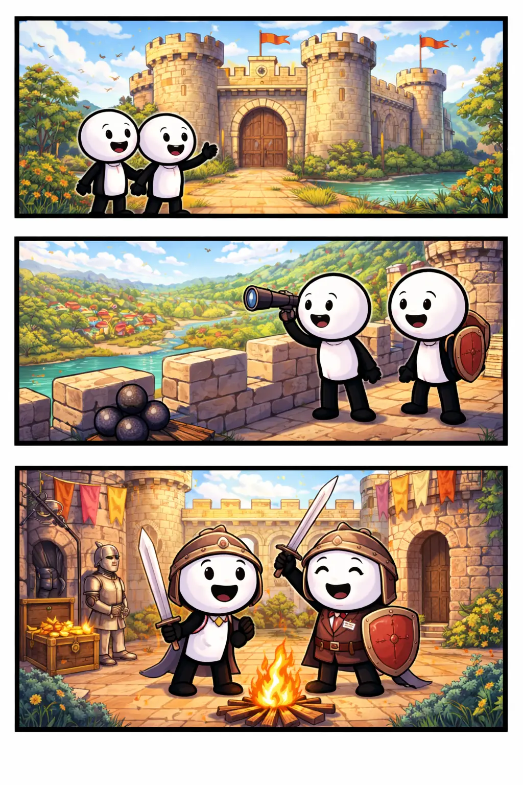 Strip met drie panelen van stickman bij een Vesting met muren, torens en binnenplaats.