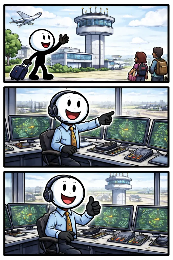 Stripafbeelding met drie panelen van een stickman bij een vliegtoren, waarbij de vliegtoren en luchtverkeersleiding duidelijk zichtbaar zijn op de luchthaven.