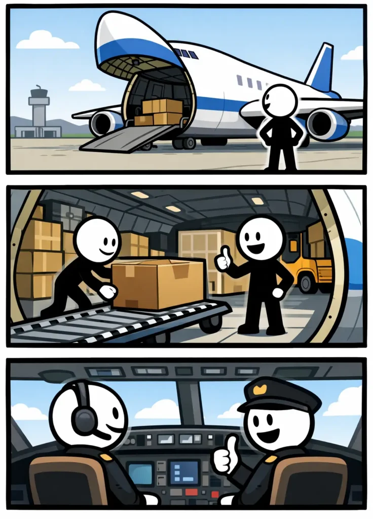 Een vrachtvliegtuig staat met open neus terwijl het vrachtvliegtuig wordt geladen door stickman-personeel.